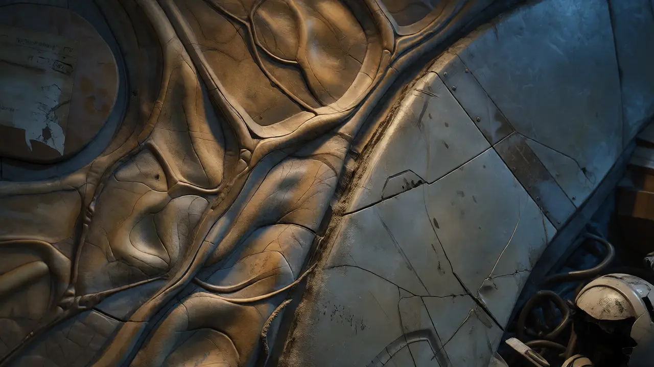 Close-up of textured bio-organic wall with peeled poster and robot parts.