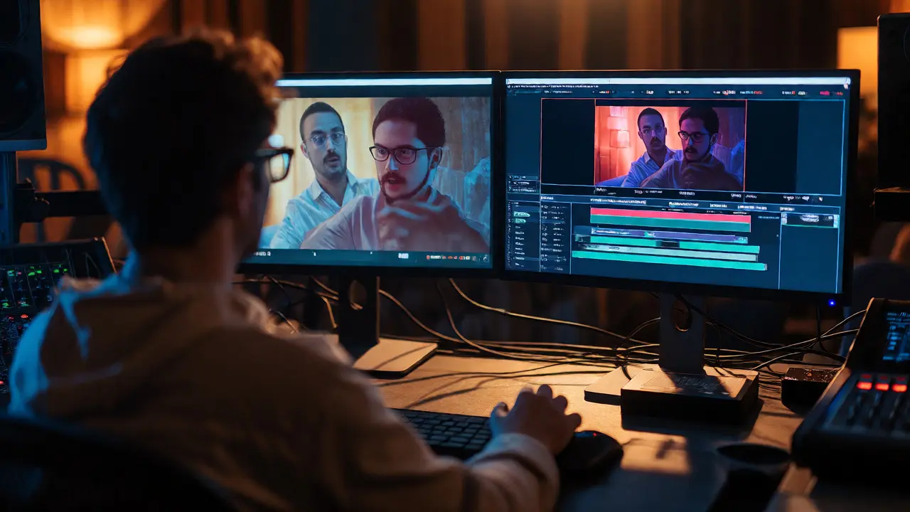 Colorist comparing raw and graded footage on monitors in edit suite