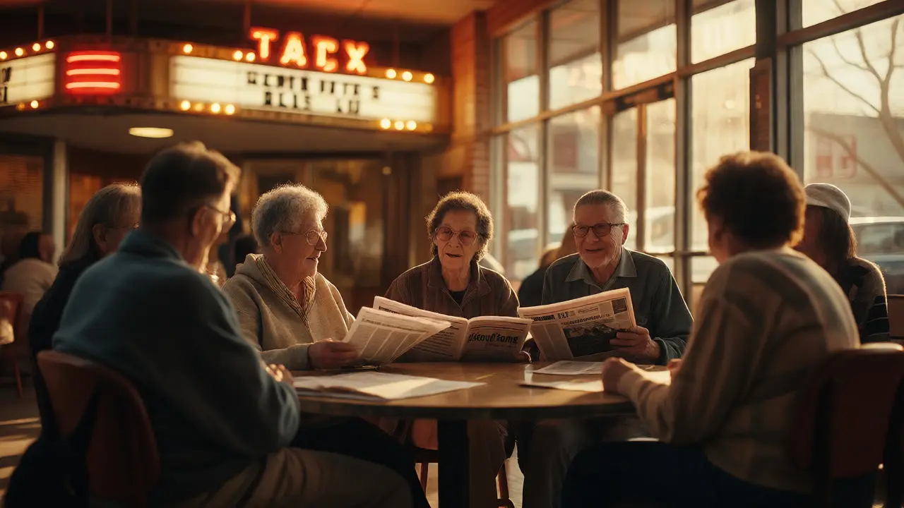 Community members reading local press in cinema lobby