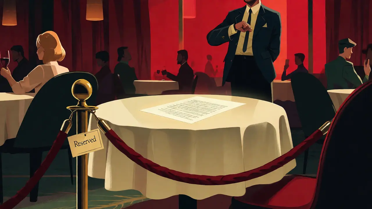Conceptual art of a reserved restaurant table holding a manuscript, illustrating option rights.