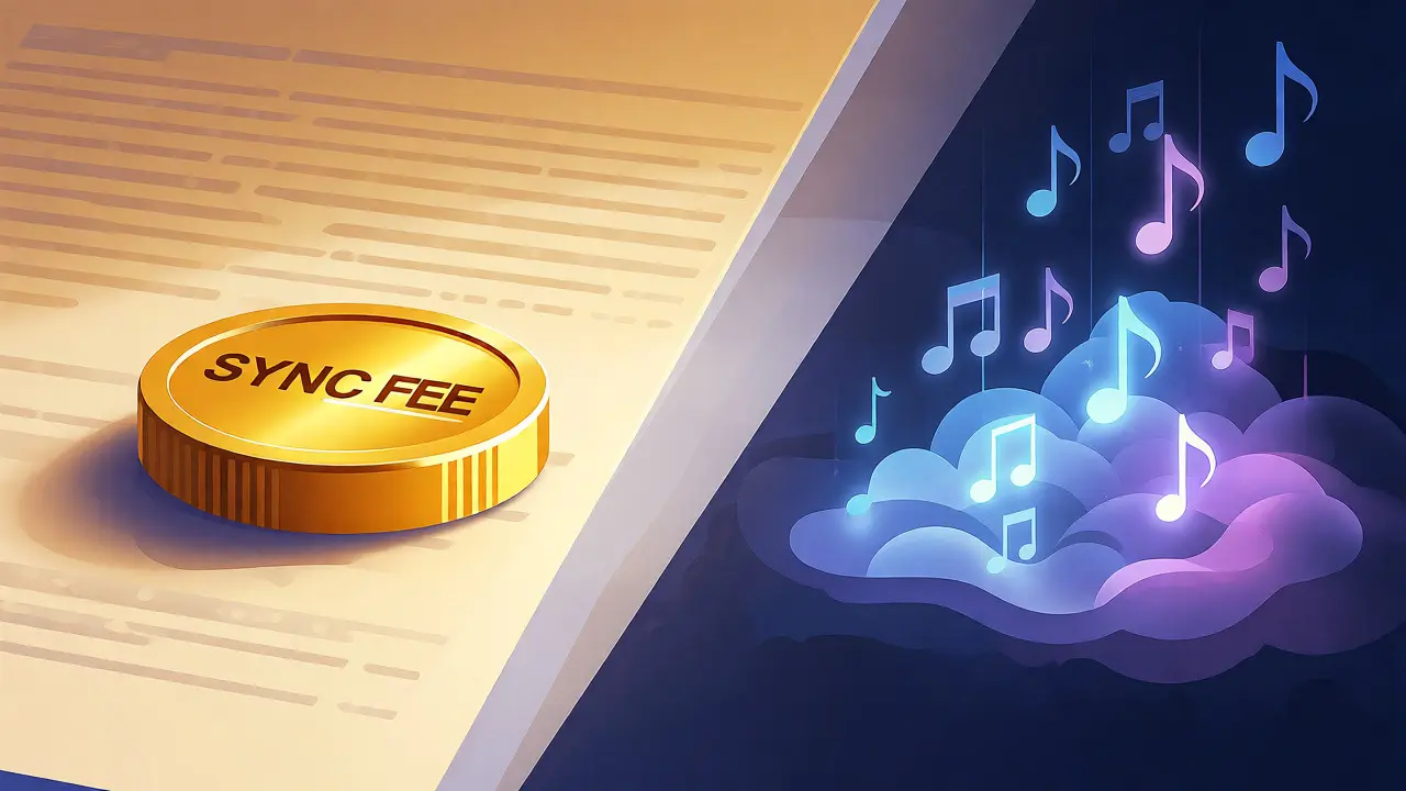 Conceptual art showing sync fees as coins and royalties as floating notes