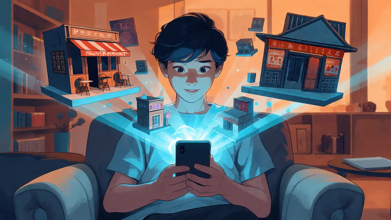 Conceptual image of global cinema scenes projected from a smartphone
