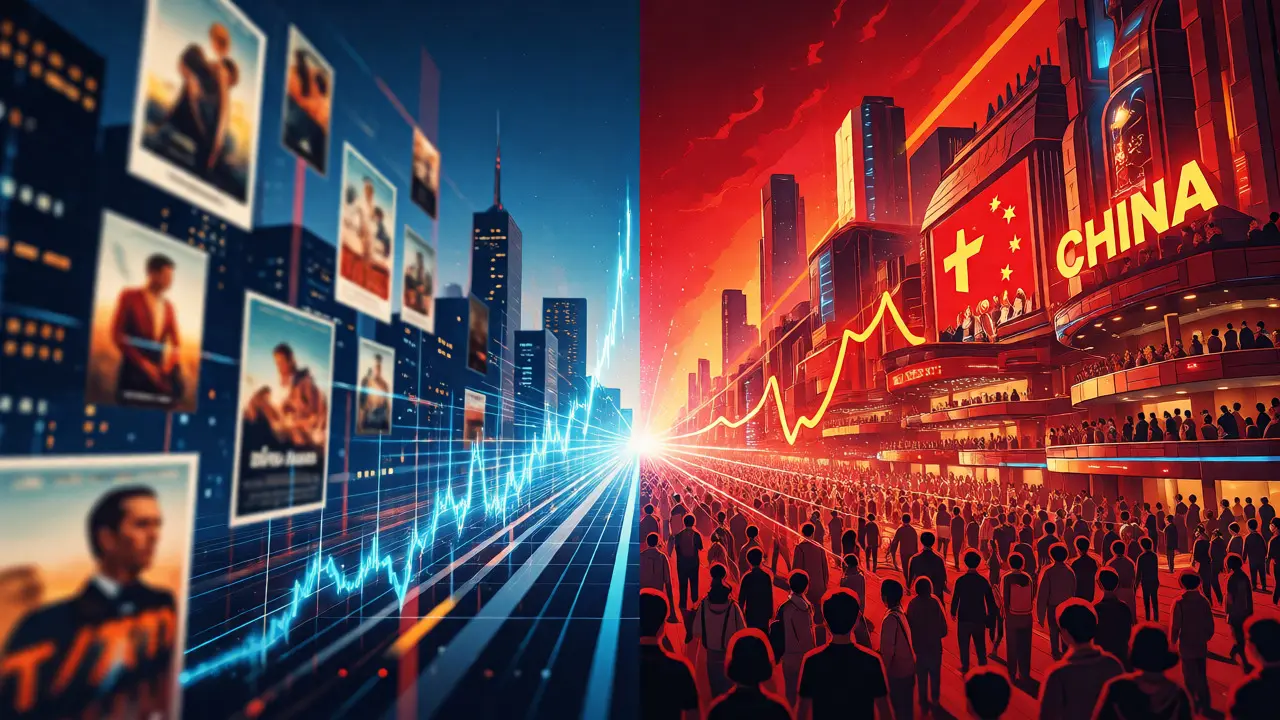 Conceptual split view comparing stable North American cinema with booming Asian markets.