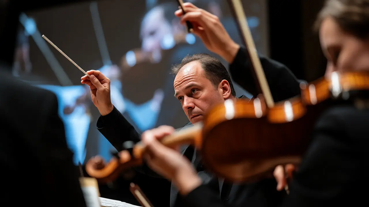 Conductor leading an orchestra with intense focus during a live film screening
