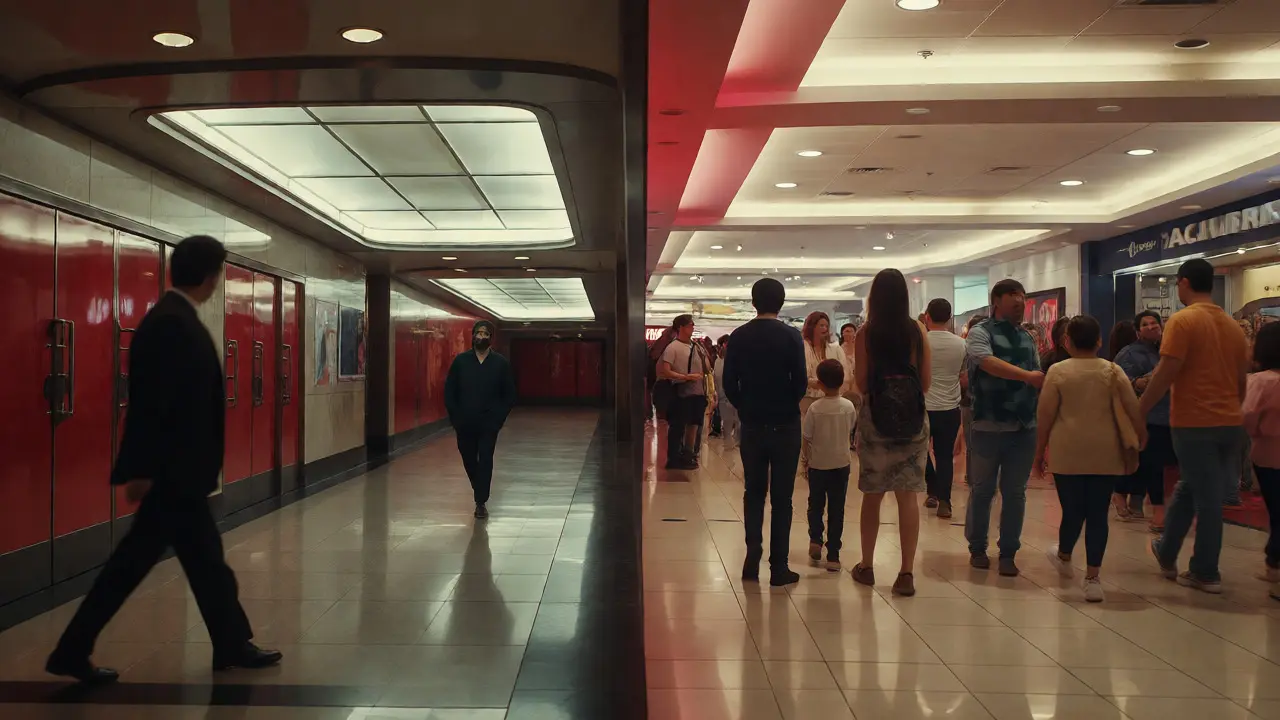 Contrast between empty urban theaters and busy suburban malls