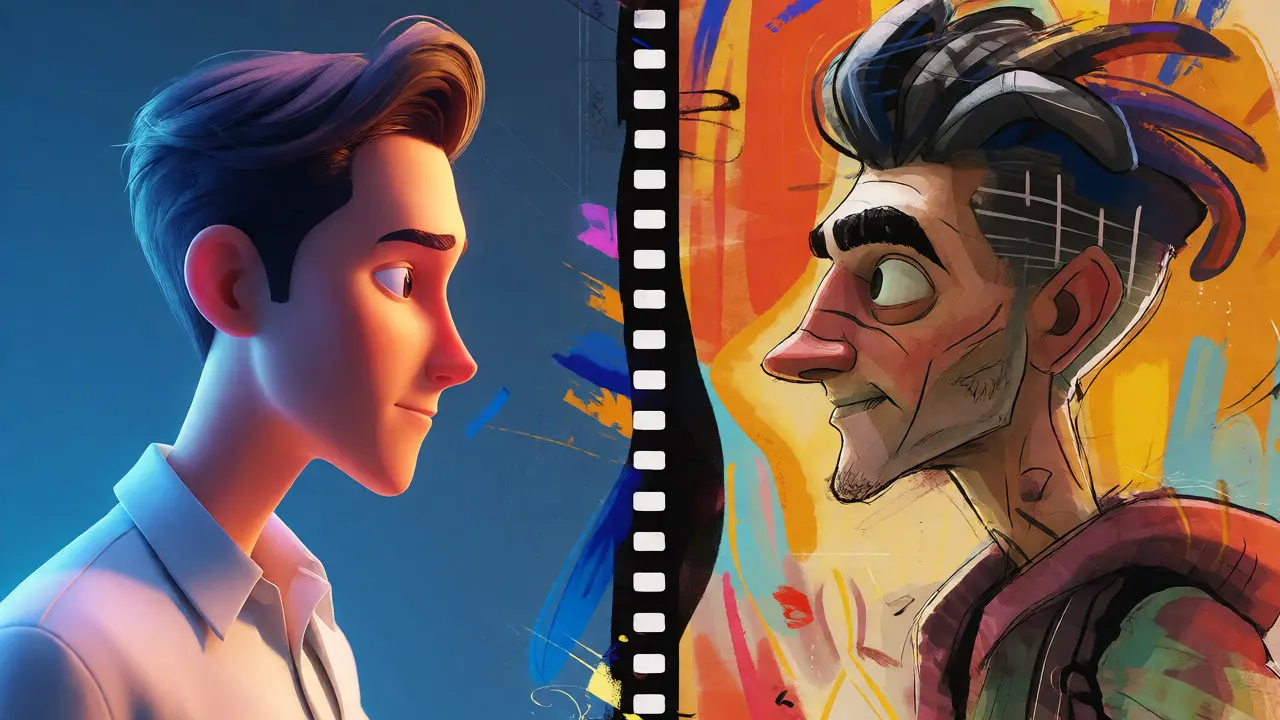 Contrast between polished 3D CGI and textured hand-drawn animation styles