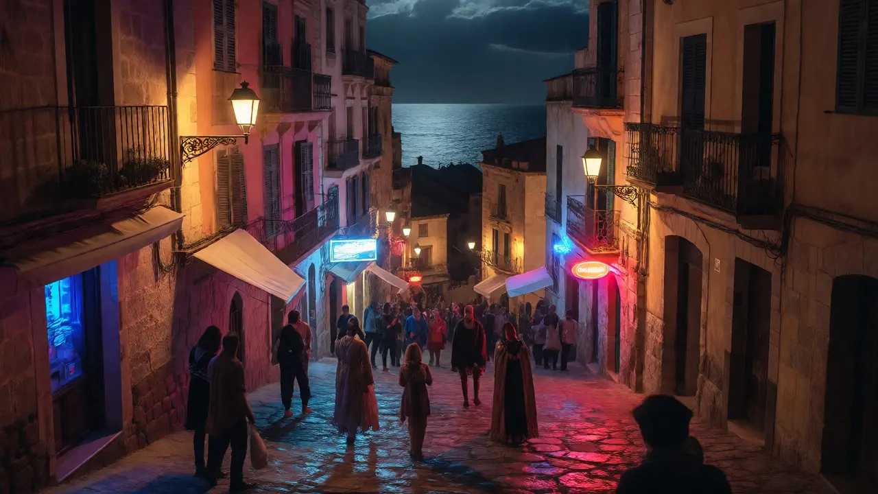 Cosplayers walking through the illuminated cobblestone streets of Sitges, Spain, at night.