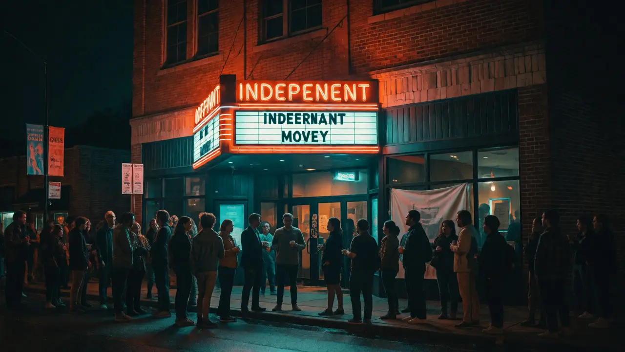 Crowd gathering outside an indie theater during a local premiere.