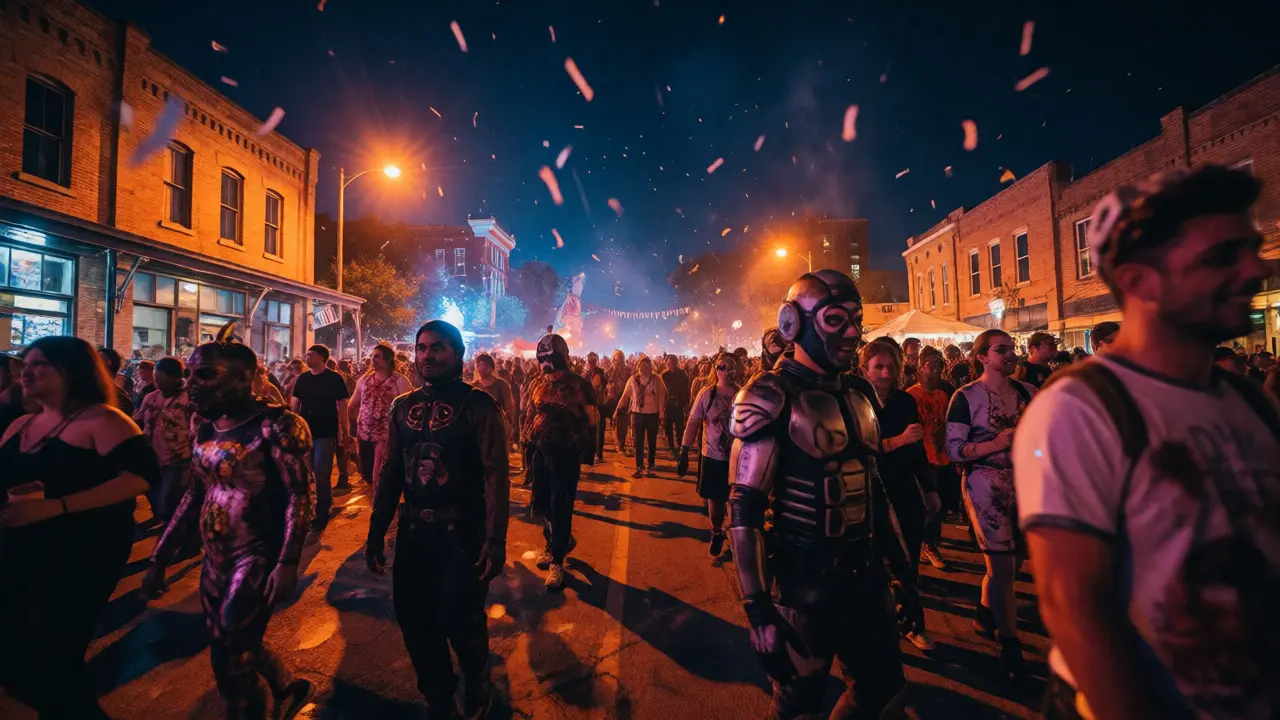 Crowd in costumes walking through city streets before a genre festival