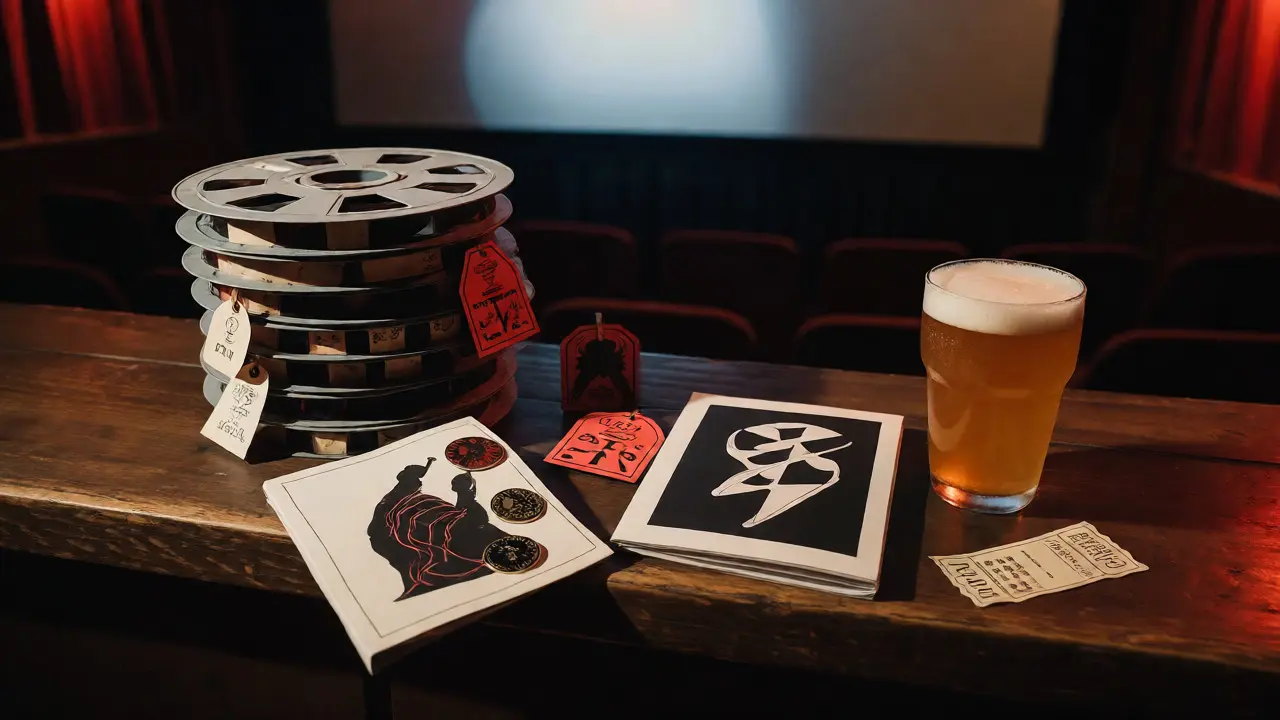 Cult cinema merchandise including posters, pins, and a craft beer on a wooden surface near a projection booth.