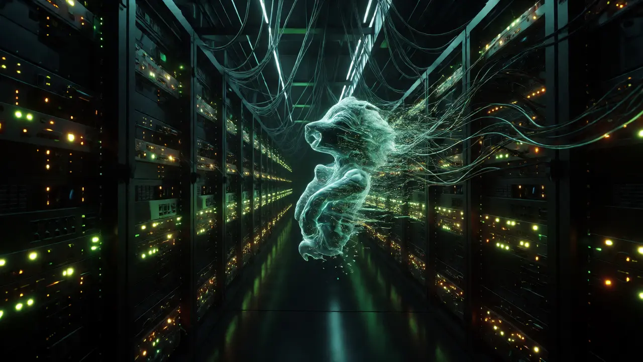 Dark server hall with rows of render farm computers and glowing LEDs visualizing data processing.