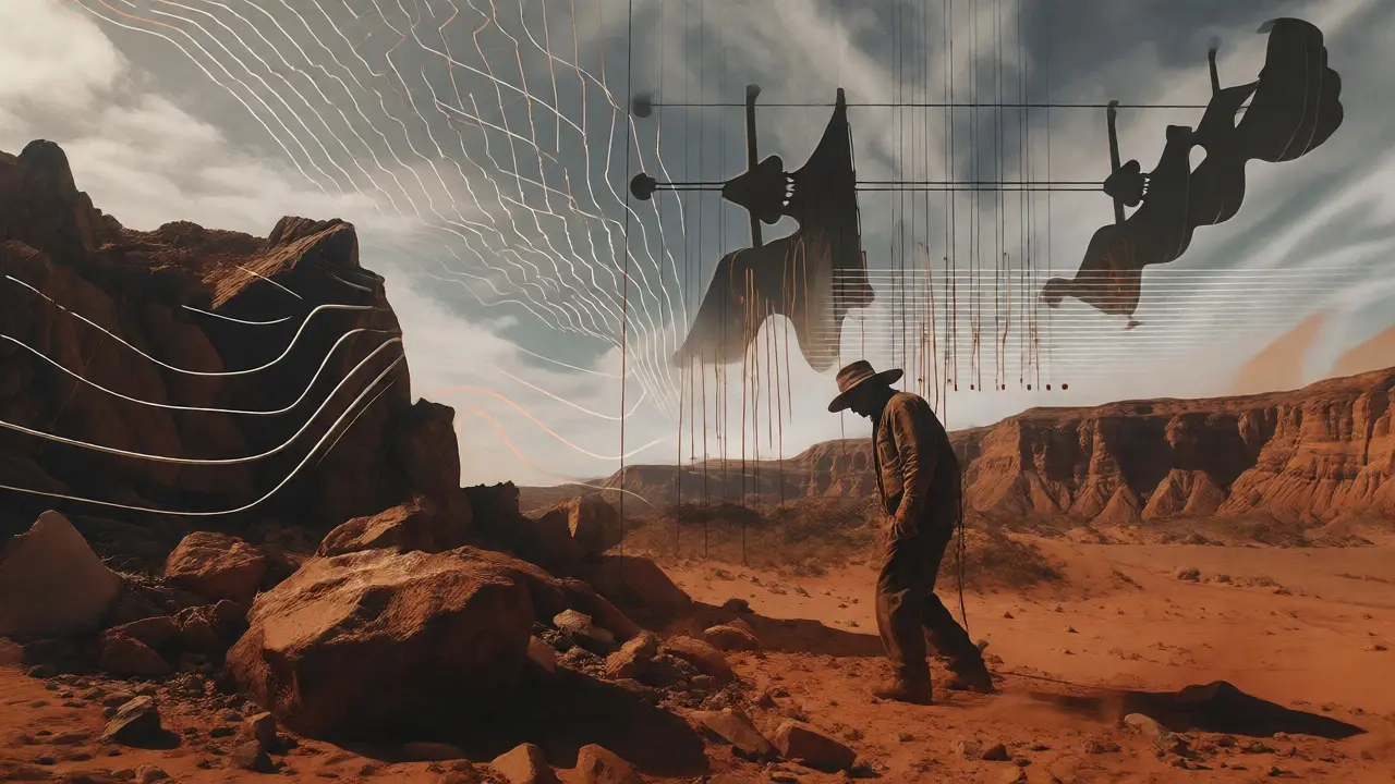 Desert landscape overlaid with abstract sound waves and a lone figure.