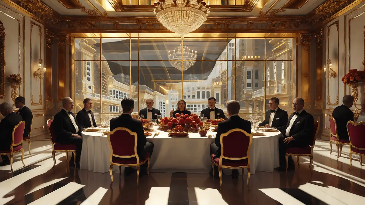 Detached figures dining in an opulent, sterile room