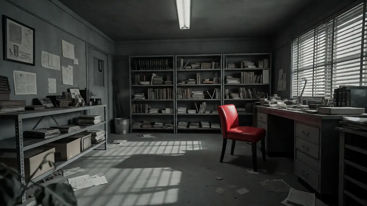 Detective's office with a red chair and bookshelves, using lighting to create visual hierarchy.