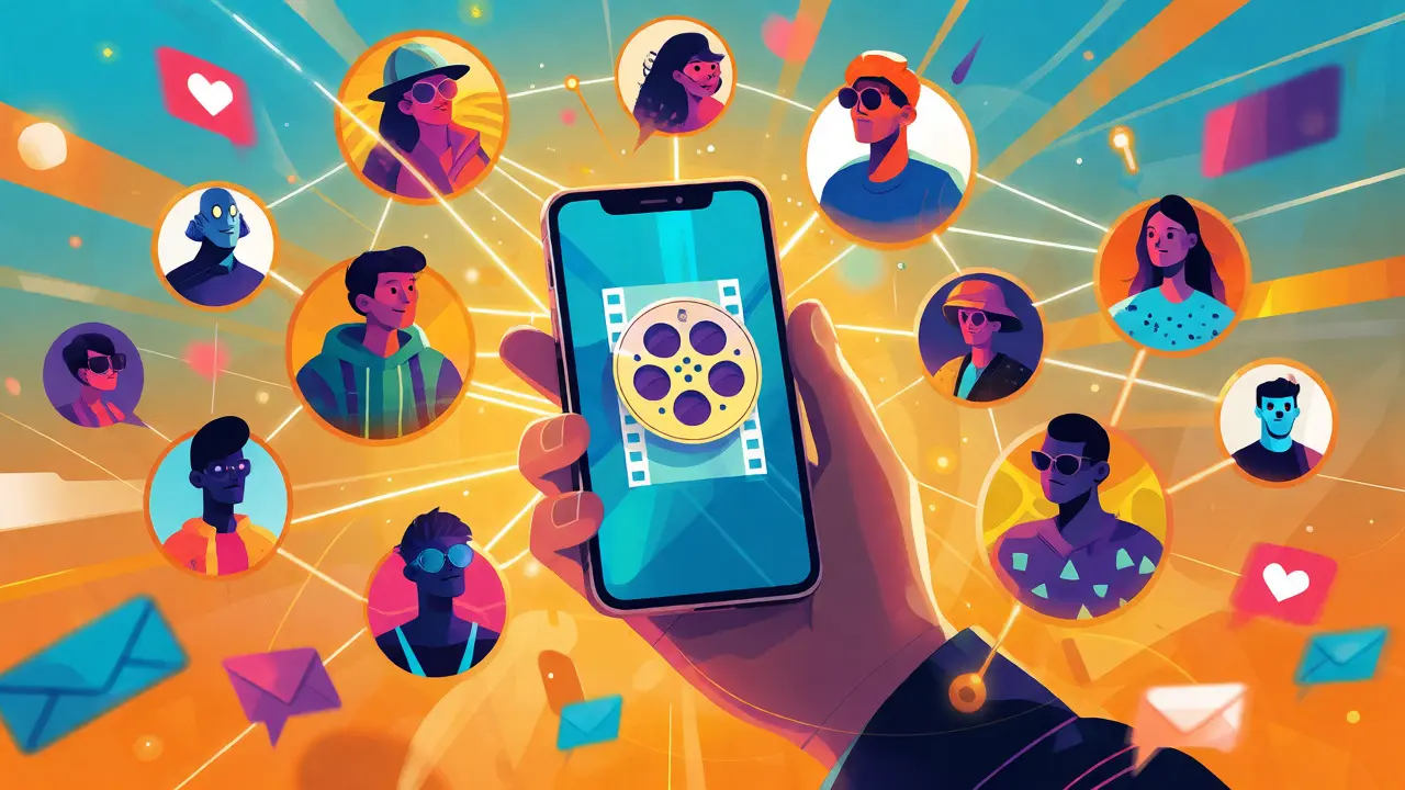 Digital illustration of a filmmaker connecting with a niche online community via mobile.