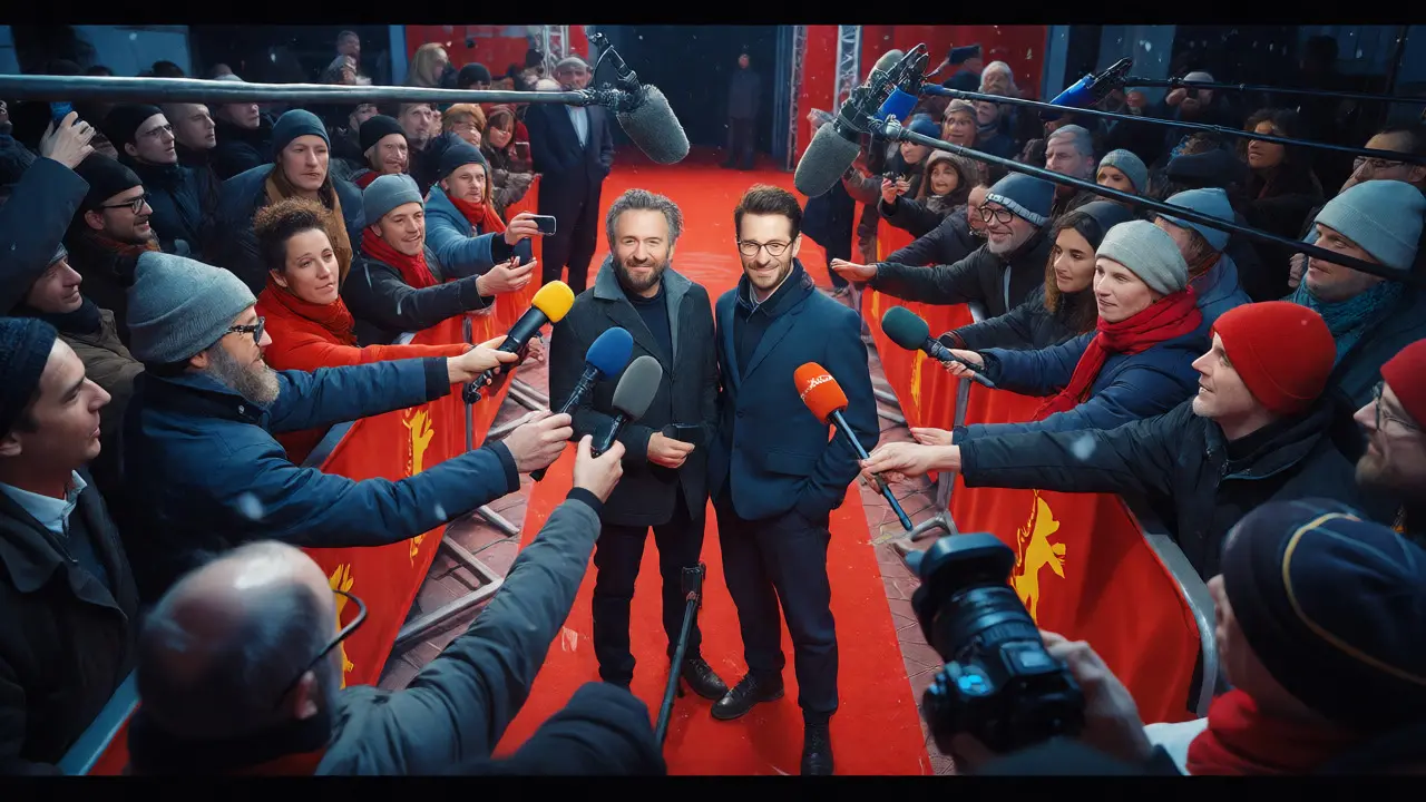 Director and actor posing for photos at Berlinale amidst crowds