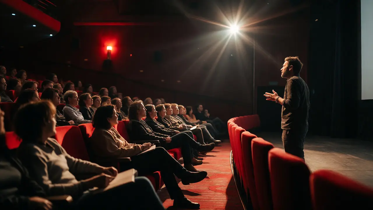 Director engaging with an attentive audience during a Q&amp;A session
