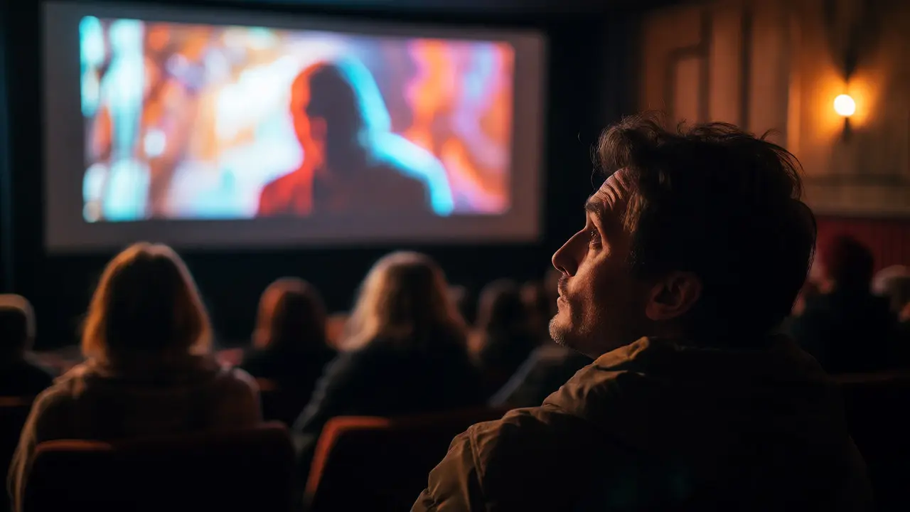 Director watching their film in a dark screening room illuminated by the screen.