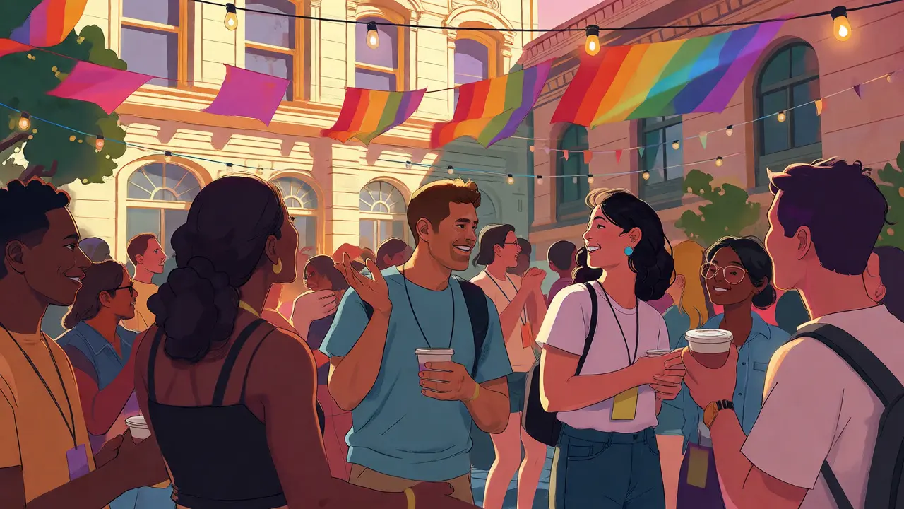 Diverse crowd socializing outdoors at a sunny LGBTQ+ film festival