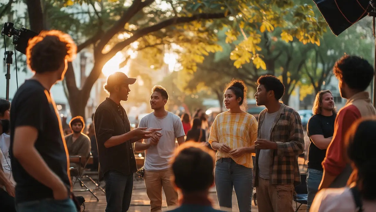 Diverse film crew collaborating outdoors in a park at sunset