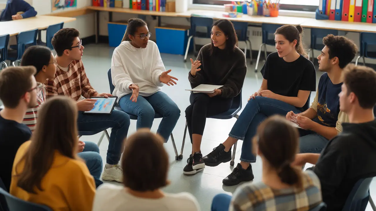Diverse group of students engaging in an animated discussion circle after a film screening in a classroom.