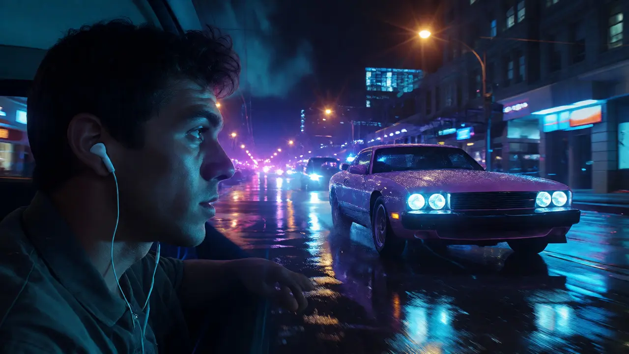 Driver with earbuds in a car speeding through rainy city streets at night