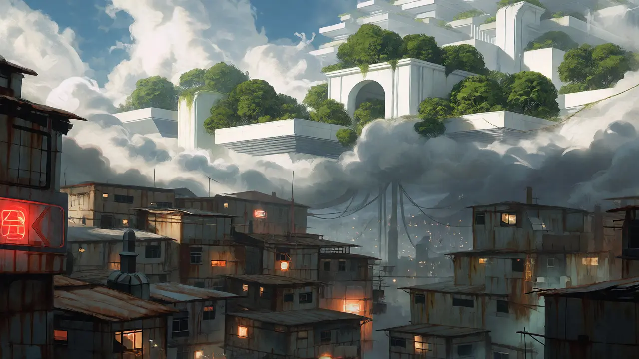 Dystopian city showing rich gardens above and poor slums below.
