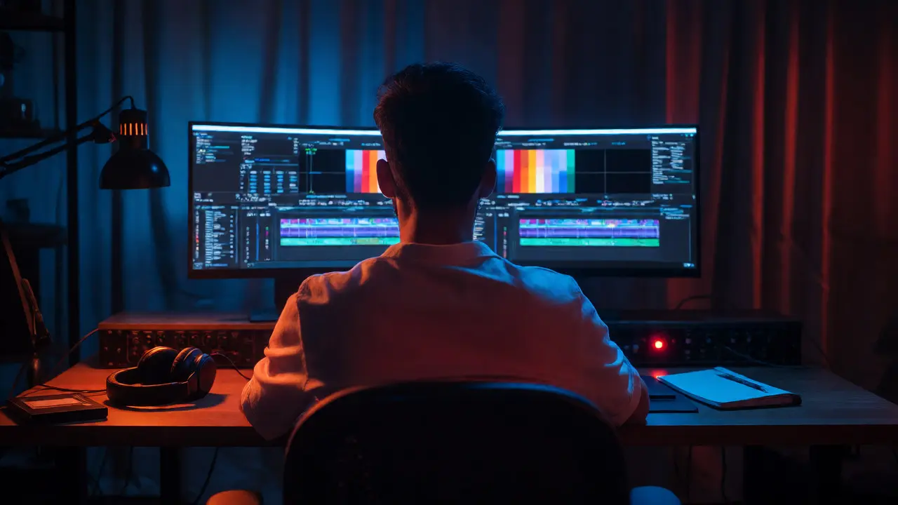 Editor working in dark suite lit by blue monitor glow