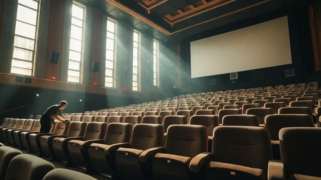 Empty luxury cinema auditorium with sunlight streaming in