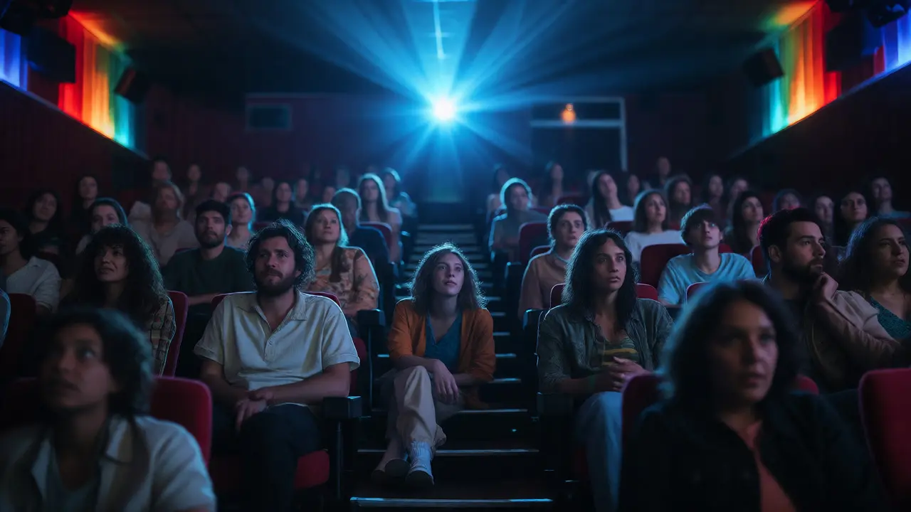 Engaged audience members watching a film in a dimly lit cinema with emotional intensity.