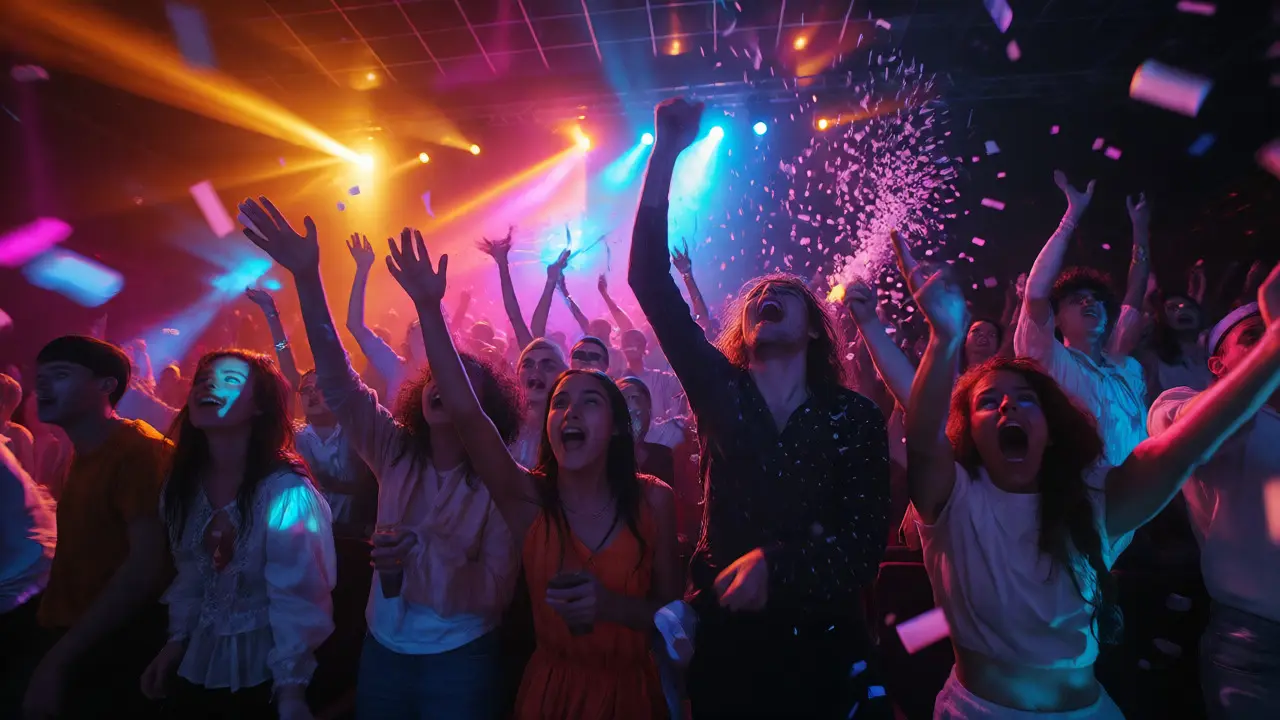 Excited crowd at a midnight cult film screening throwing props and cheering under colorful stage lights.