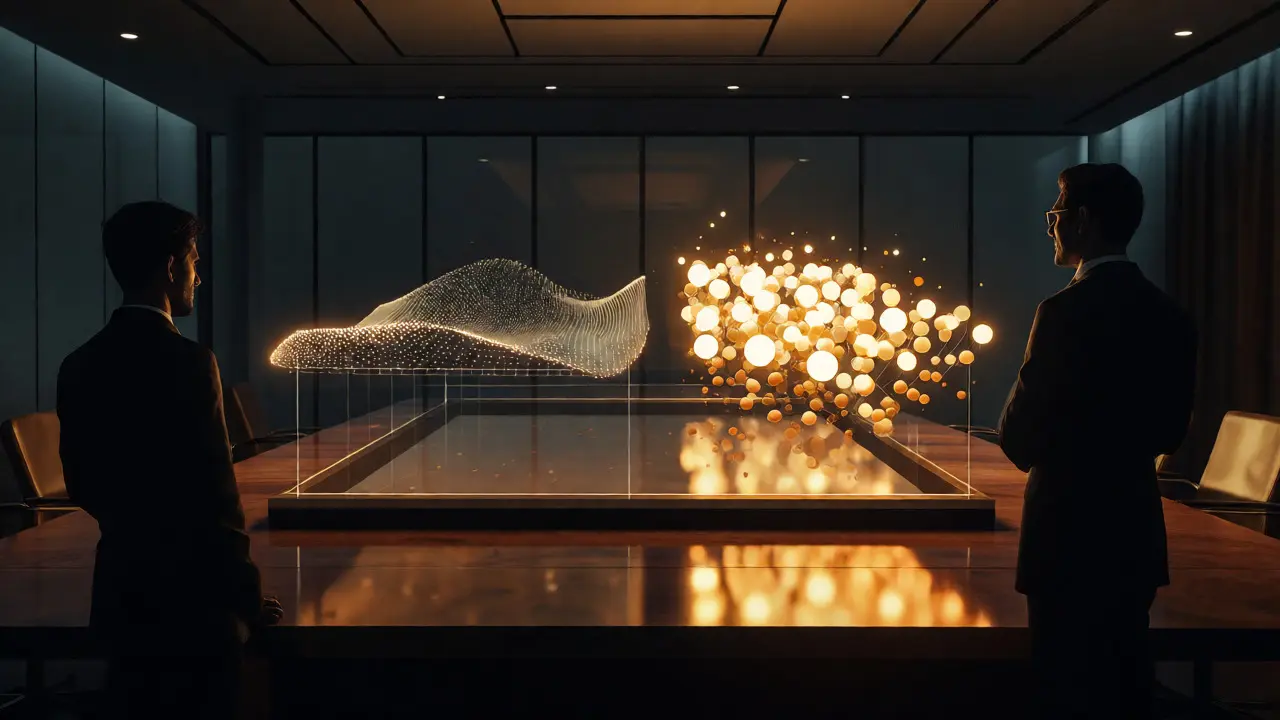 Executives analyzing a holographic display comparing different box office performance metrics.