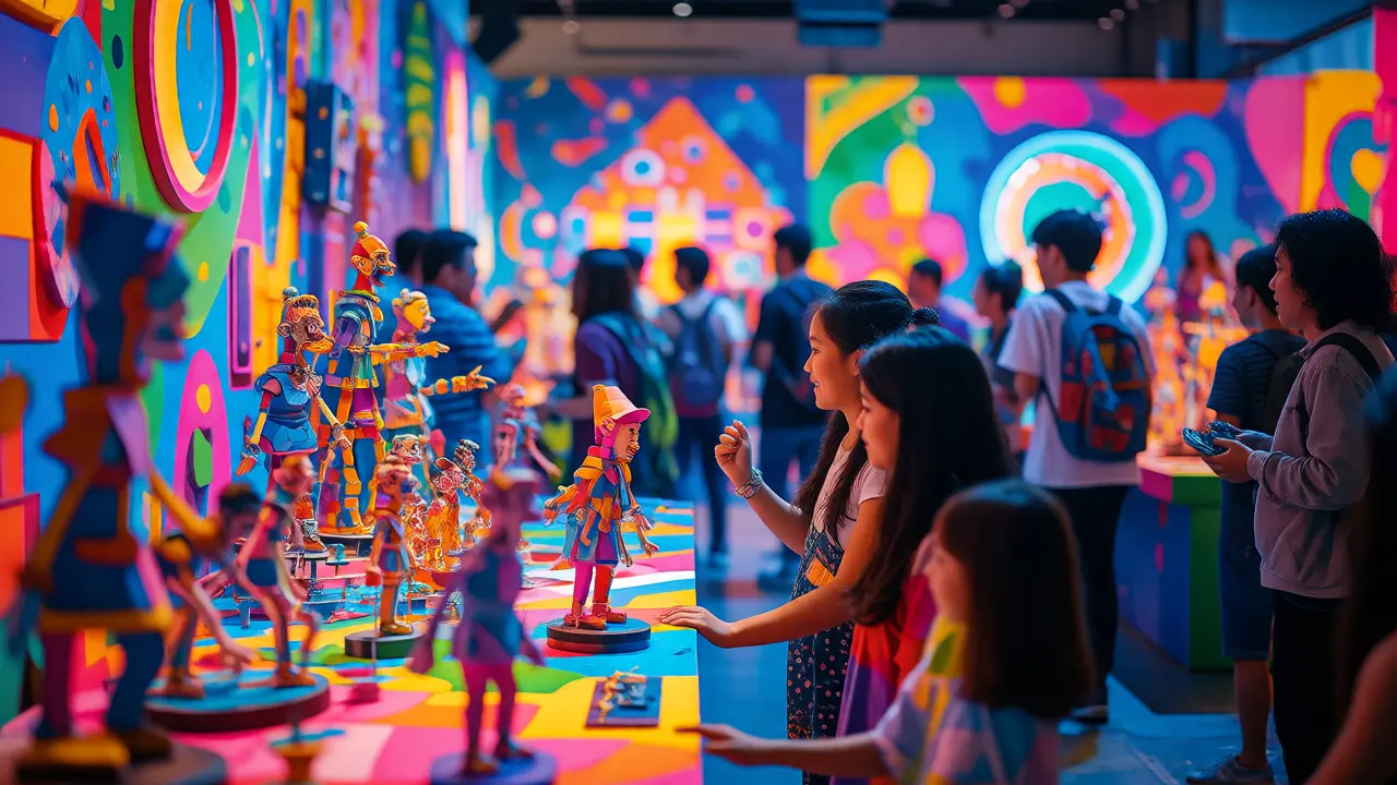 Families and fans exploring animation art displays at a festival lobby