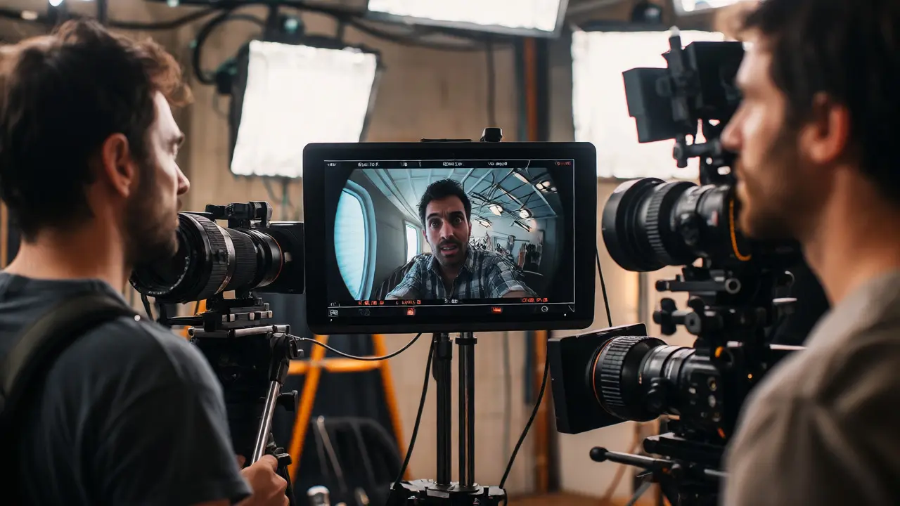 Film crew reviewing subjective camera angles on a monitor during production.