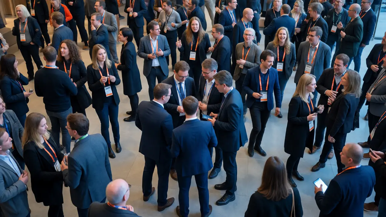 Film industry buyers networking in a busy festival lobby