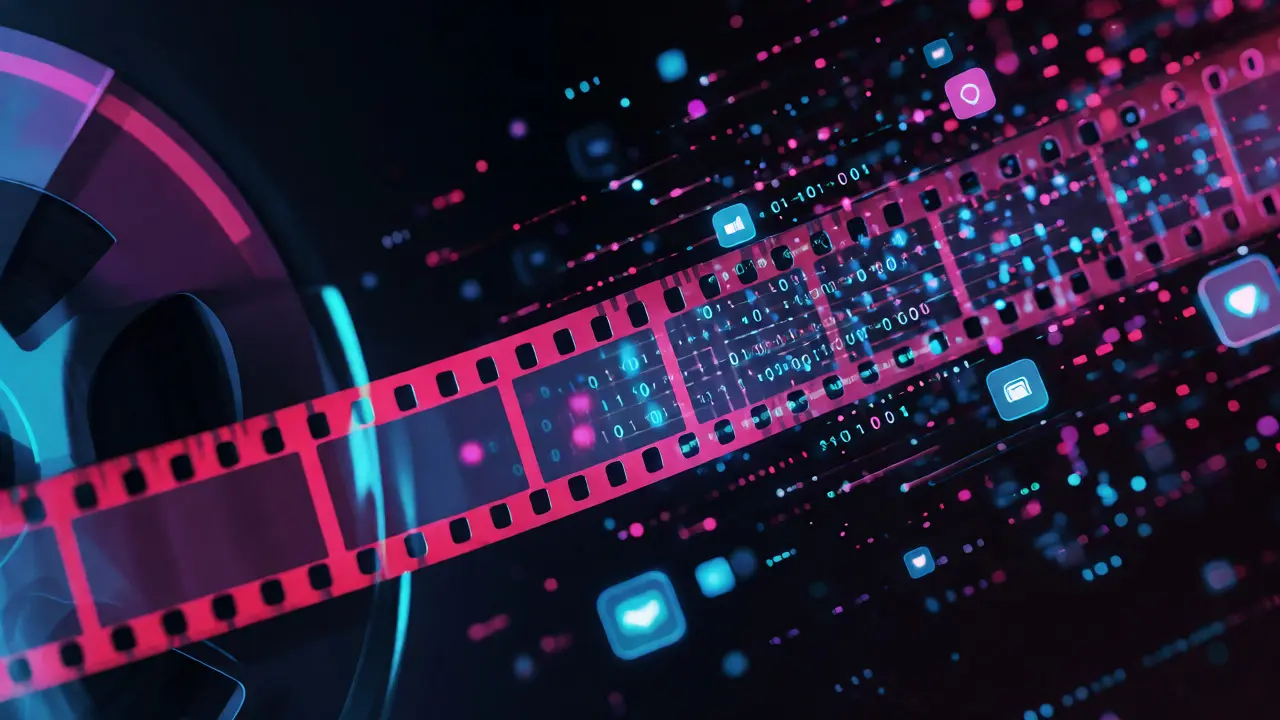 Film reel dissolving into digital data streams and metrics
