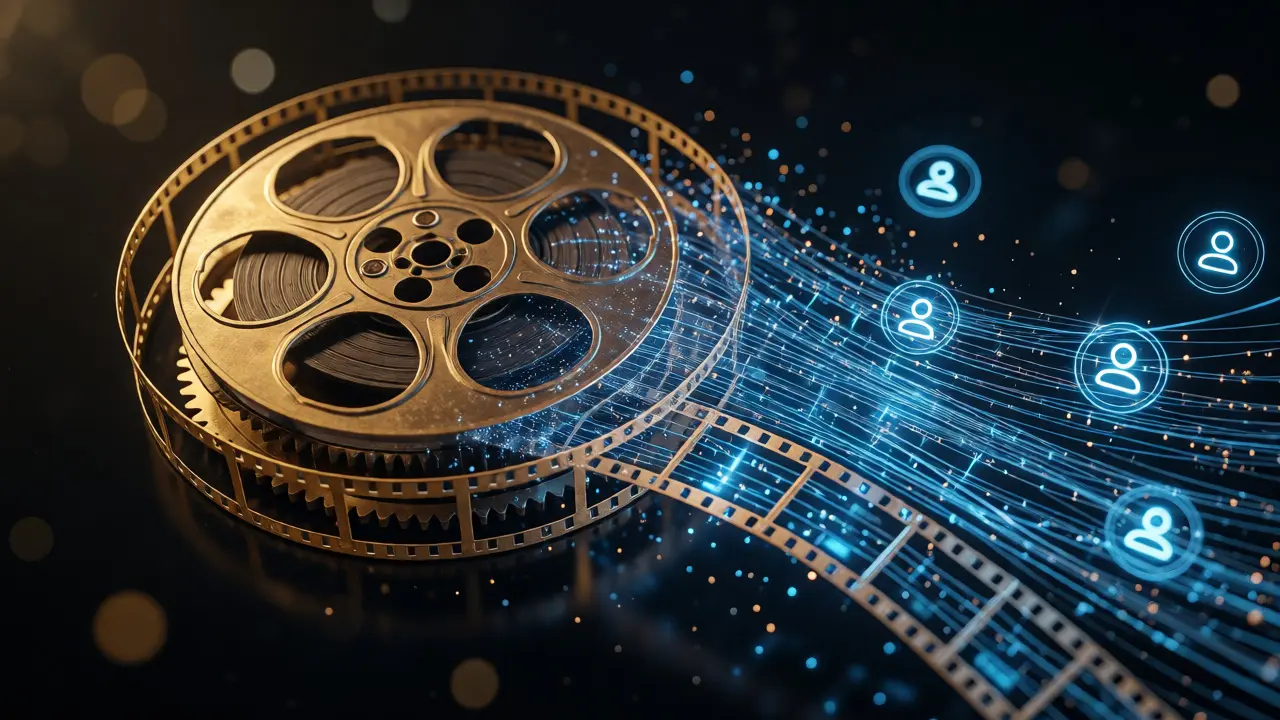 Film reel transforming into digital streaming data streams
