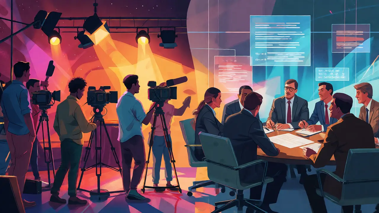 Film set and boardroom negotiations merging conceptually