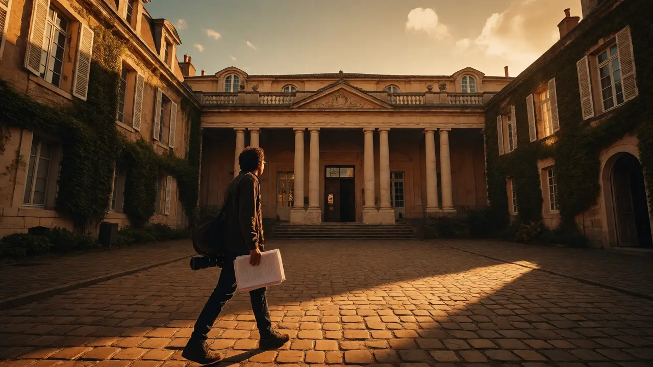 Filmmaker walking into a prestigious film institute courtyard at sunset.