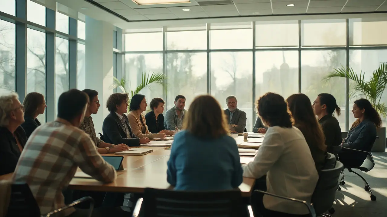 Filmmakers and distributors discussing strategy at a documentary festival meeting