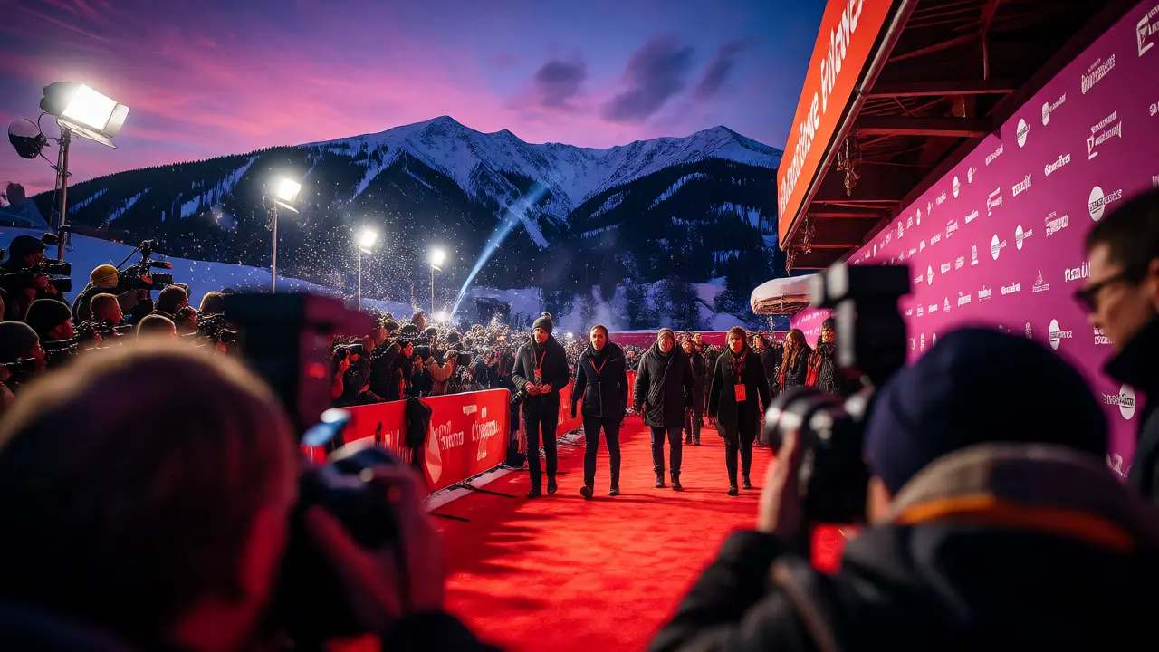 Filmmakers arriving at a snowy mountain film festival premiere