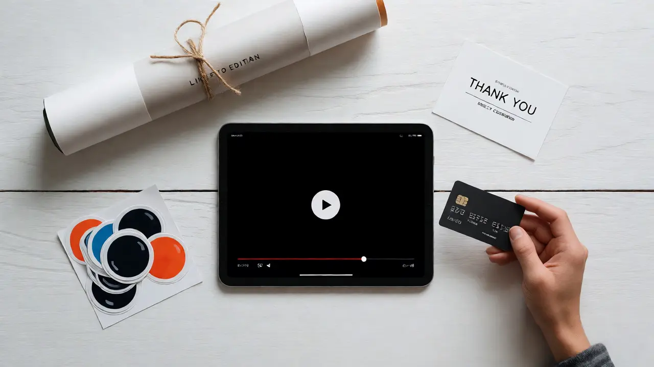 Flat lay of film rental bundle including tablet, poster, stickers, and payment card.
