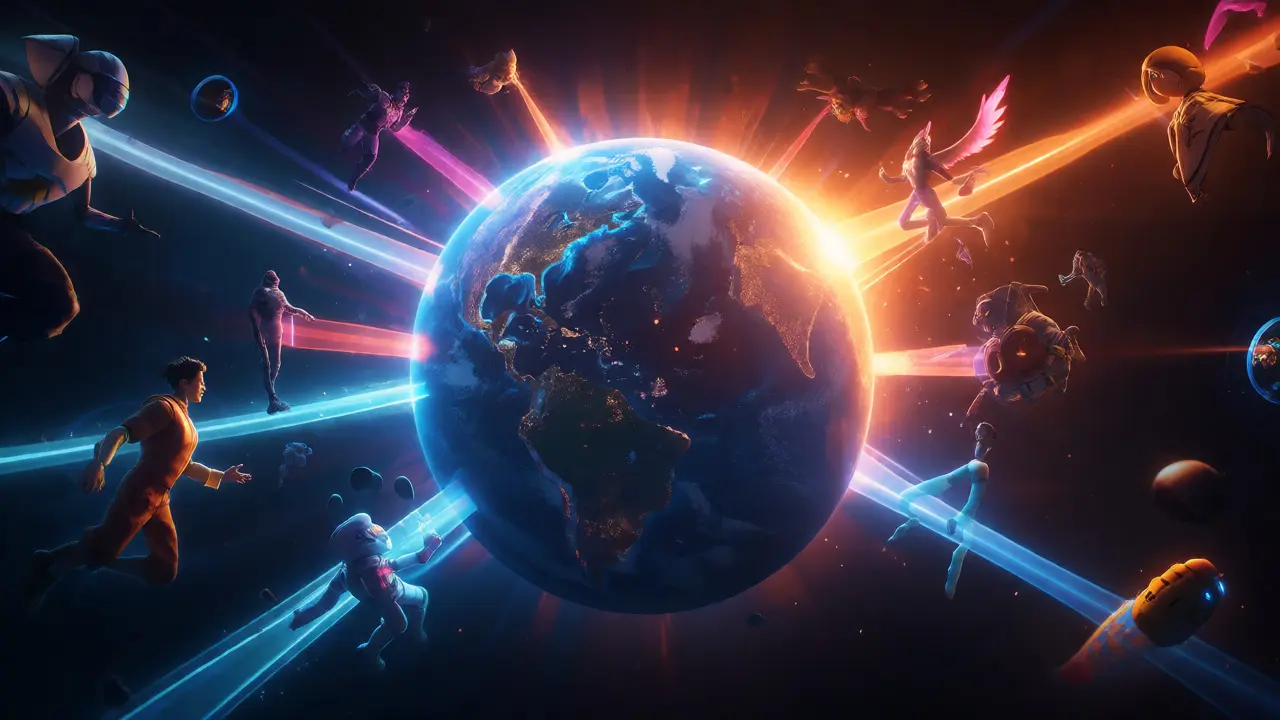 Globe surrounded by diverse animated characters connecting globally.