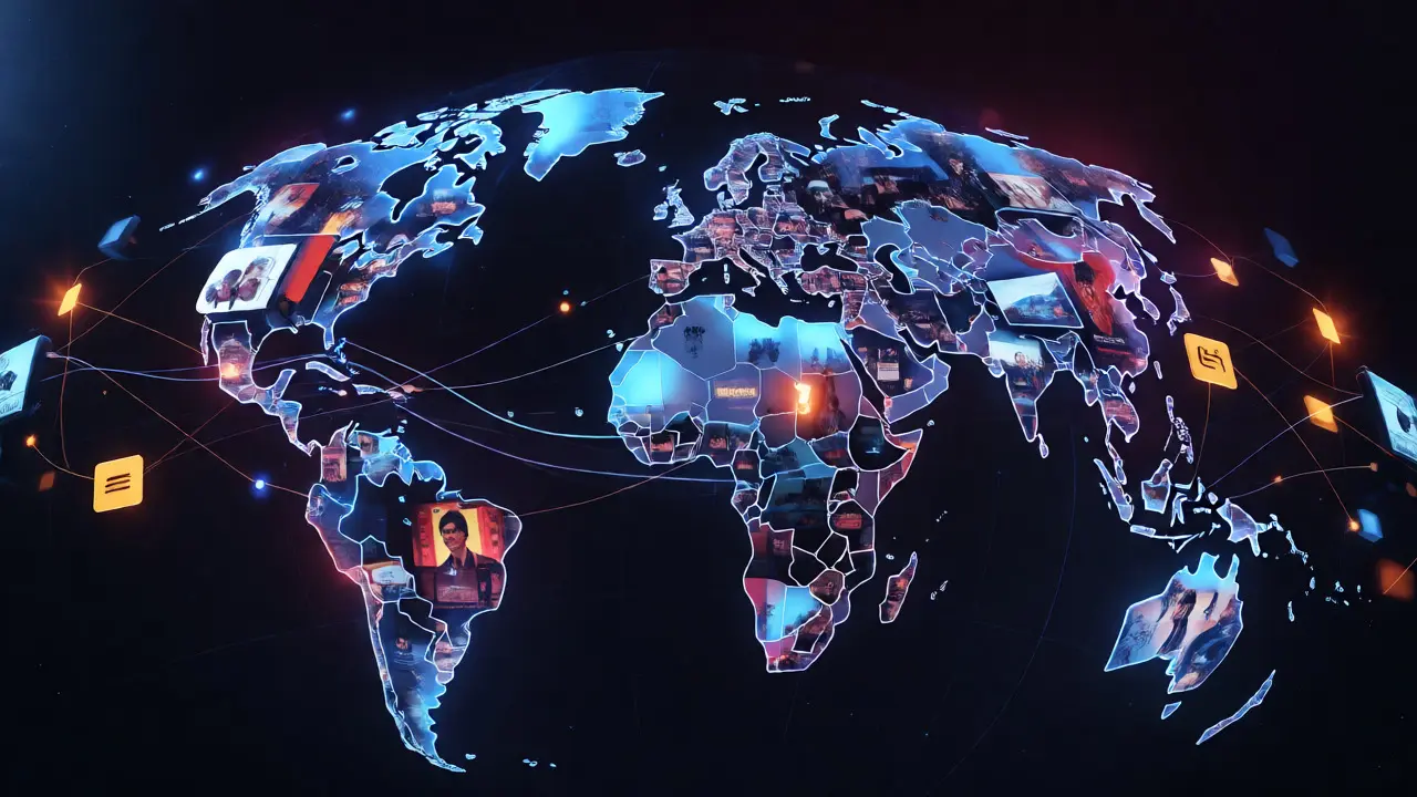 Glowing digital globe composed of film posters and streaming icons connected by light lines.