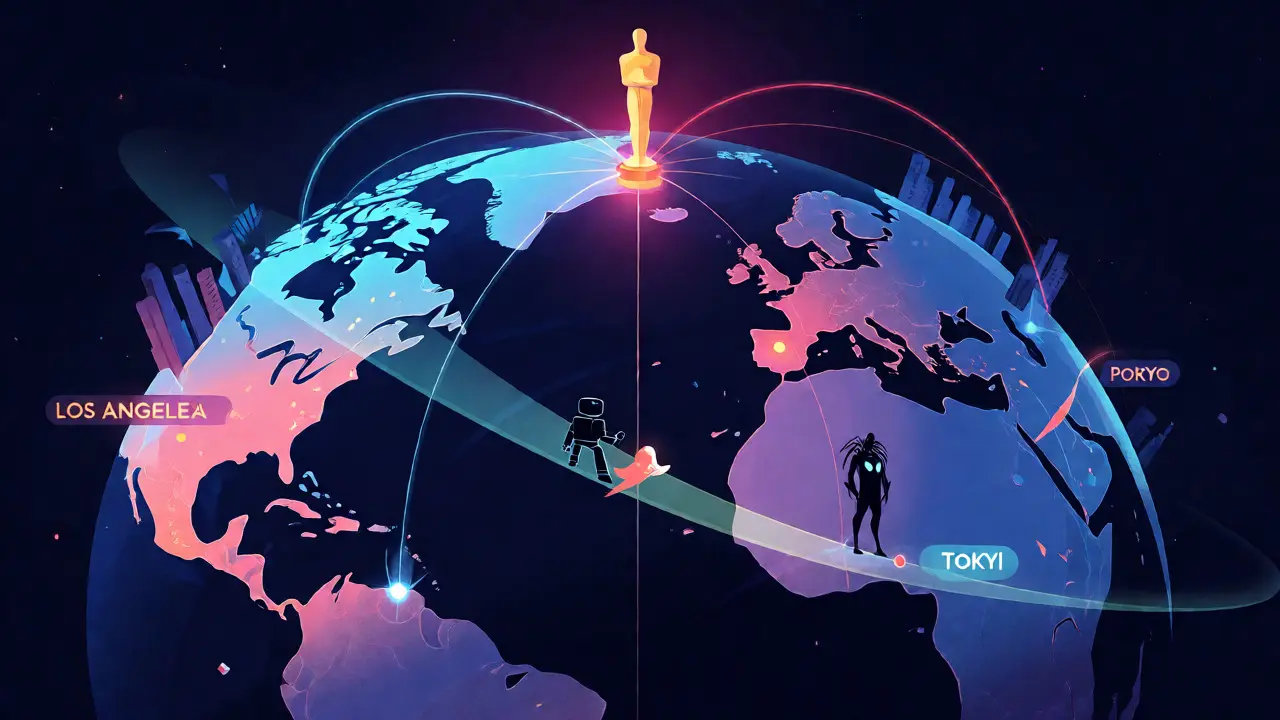 Glowing lines connect global cities to an Oscar statue on a rotating globe