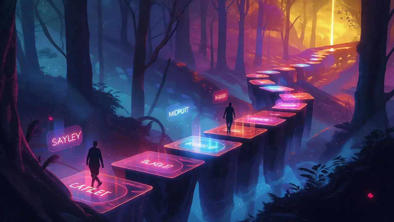 Glowing path through a dark forest representing story beats