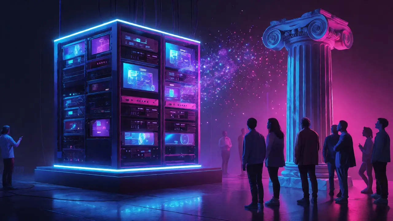 Glowing streaming servers overshadow a crumbling classical column representing old Hollywood awards.