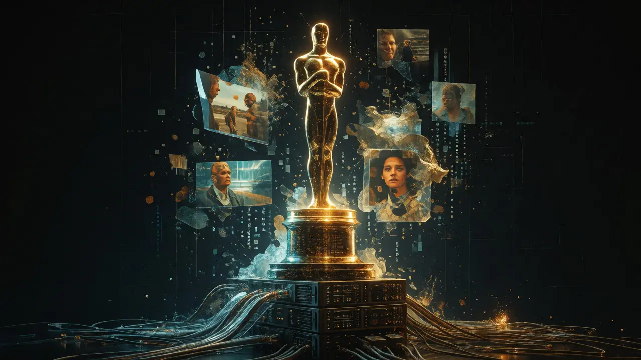 Golden award statue surrounded by digital film fragments