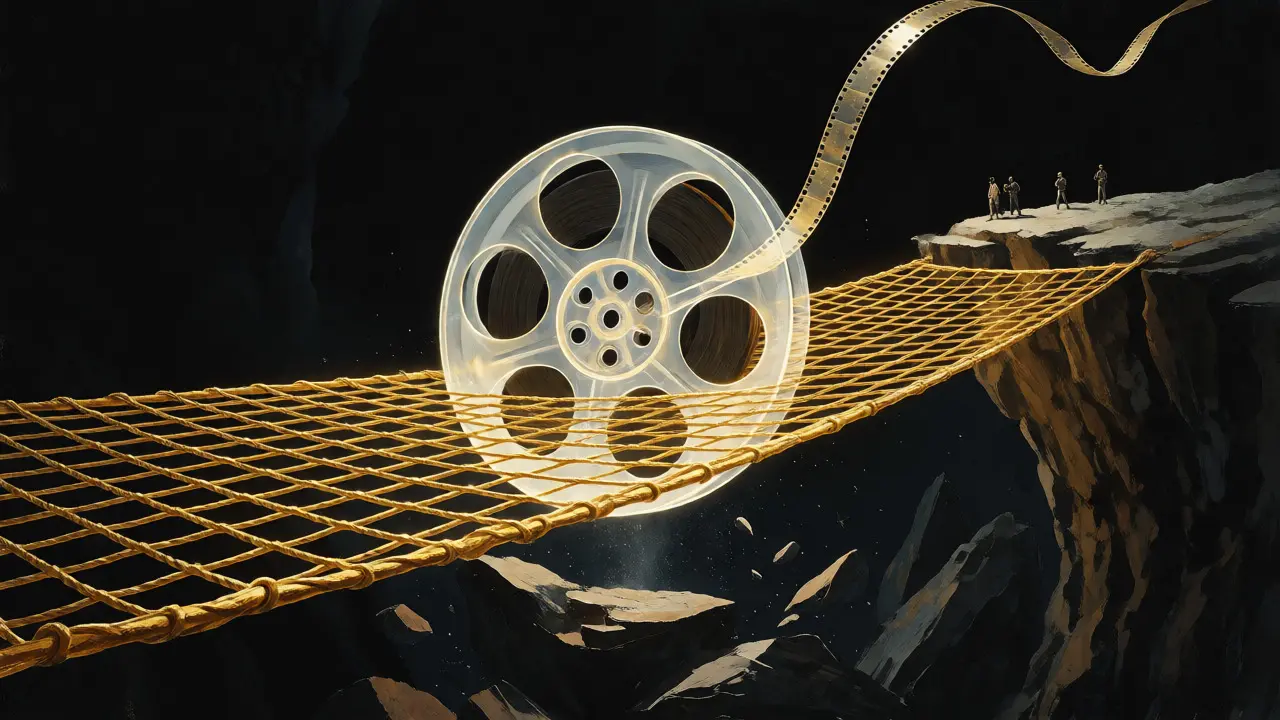 Golden safety net protecting a film reel from falling into a rocky abyss.