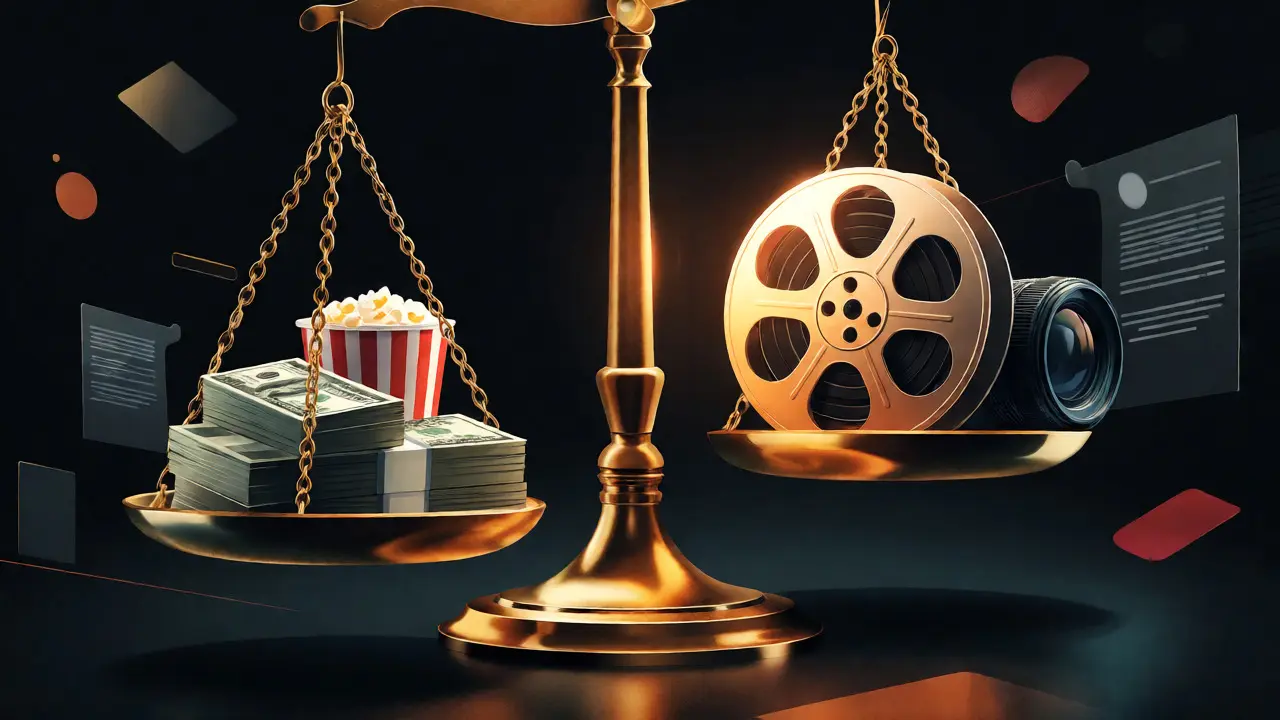 Golden scale balancing money against a film reel